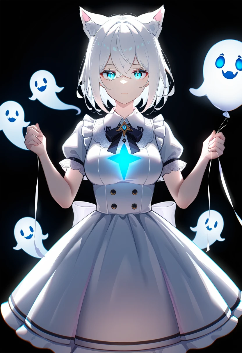 1girl, solo, holding, dress, animal ears, looking at viewer, balloon, cat ears, holding balloon, short hair, hair between eyes, short sleeves, blue eyes, white hair, closed mouth, black background, breasts, white dress, straight-on, collared dress, expressionless, frills, crossed bangs, backlighting, medium breasts, hands up, hologrpahic, luminecent, (ultrahigh quality, ghostly, ultra detailed, spooky, luminous, ethereal), white glow:1.5, ((white aura, glowing transparent body, dynamic lighting, ghost light, ghost light))
