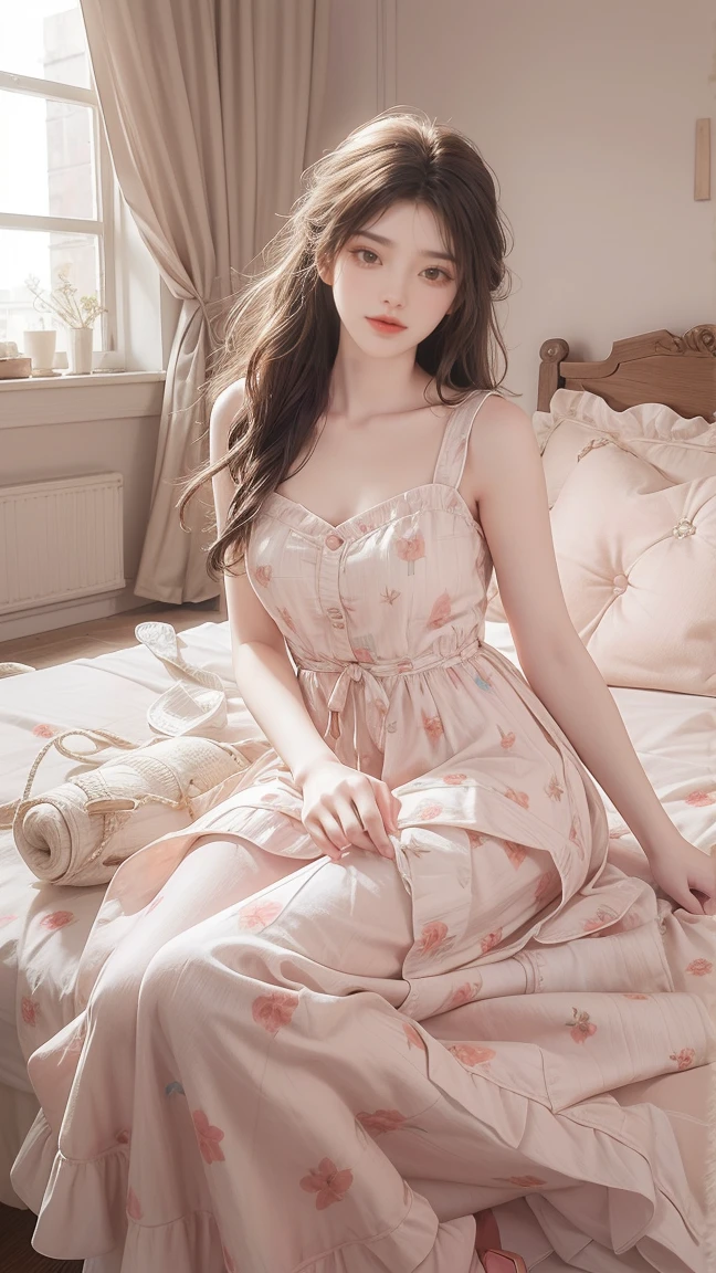 1girl, cheerful girl, carefree and happy, smiling, laughing, The girl is wearing a beautiful dress, the girl's eyes are bright and sparkling, very beautiful, cute and sweet ,The girl is in the bedroom
