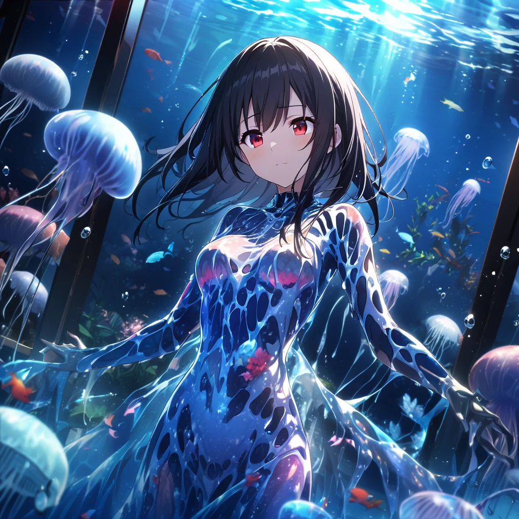 1girl、Black Hair、Red eyes、Skeleton Body、Liquid Dress、Blue jellyfish、aquarium、deep faint light 、 detailed CG、high resolution