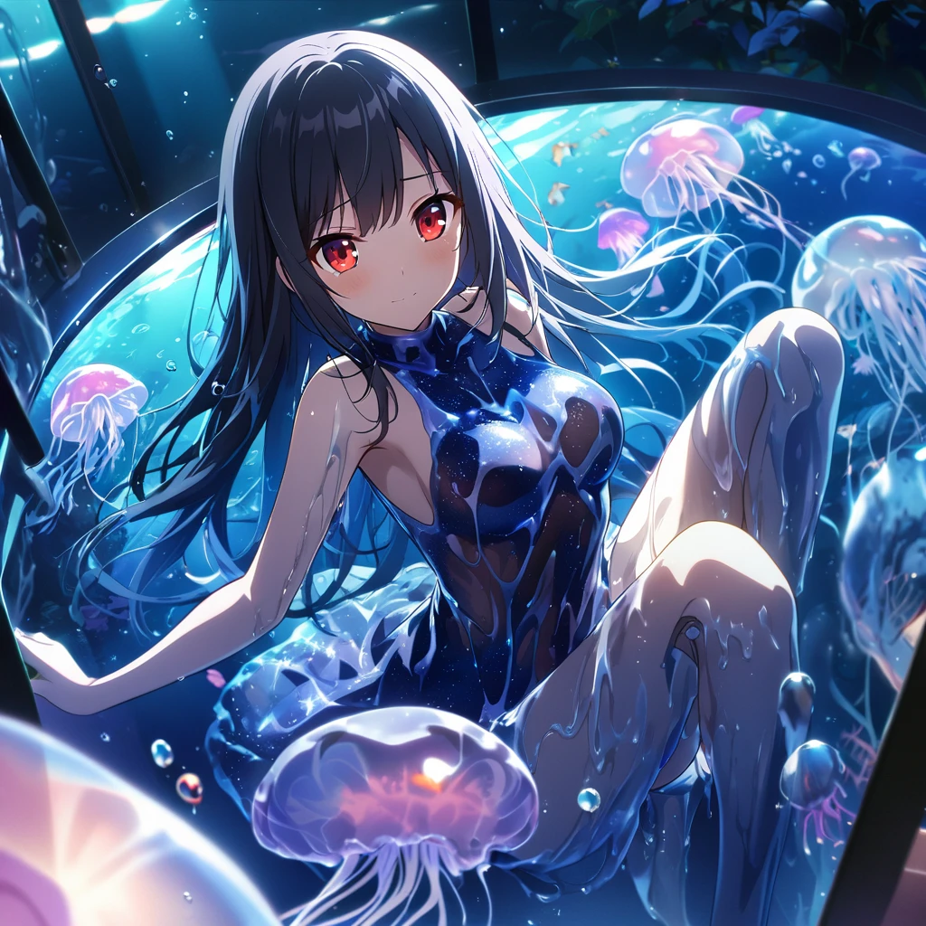 1girl、Black Hair、Red eyes、Skeleton Body、Liquid Dress、Blue jellyfish、aquarium、deep faint light 、 detailed CG、high resolution