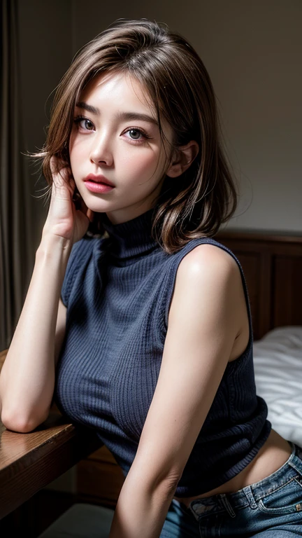 (RAW Photos:1.2), ((Realistic:1.4)), Highest quality, masterpiece, Very detailed, 8k wallpaper, The finer details, Highest quality, Very detailed 8k wallpaper, Detailed face, Fine grain, double eyelid, High resolution, ((SFW)), Mature Woman, aunt, Huge breasts, Short brown hair, Vivid eyes, Sexy lips, Sleeveless turtleneck sweater, Tight blue jeans, In the bedroom