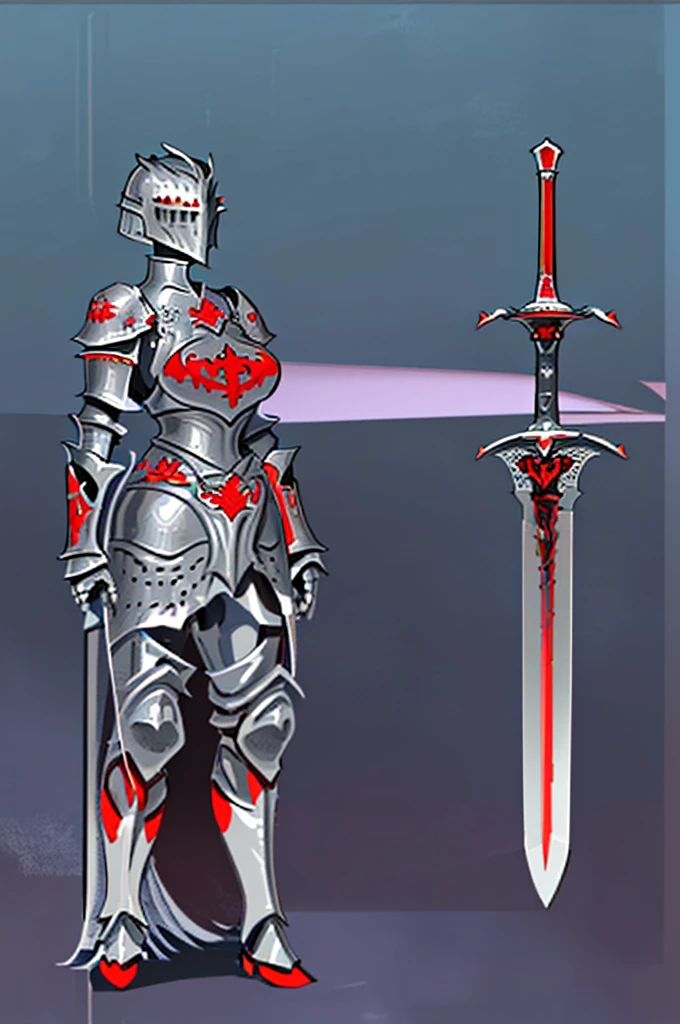 (masterpiece), best quality, 1Girl, standing, master piece, full body character concept, full body character design, full body concept art, Knight, face hidden by Armor helmet, Gray armor, Red Pattern, swordman, detailed armor, knight, holding big sword, Red symbol, full Gray armor body, Detailed helmet knight, full armor, big boob