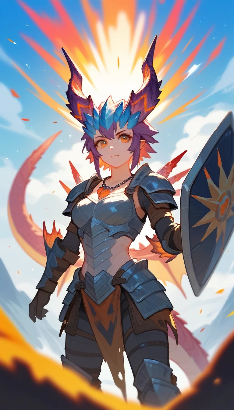(Fraction_9,Fraction_8_Direction_7_up),(1 woman),(Sexy),Dragon Girl,There are colorful dragon horns on the head,There is dragon armor on the body,monster hunter,Necklace is dragon tooth,Savage Clothing,A dragon flying in the sky,sideways,Surround effects,Dragon eyes on armor,Armor Shield,