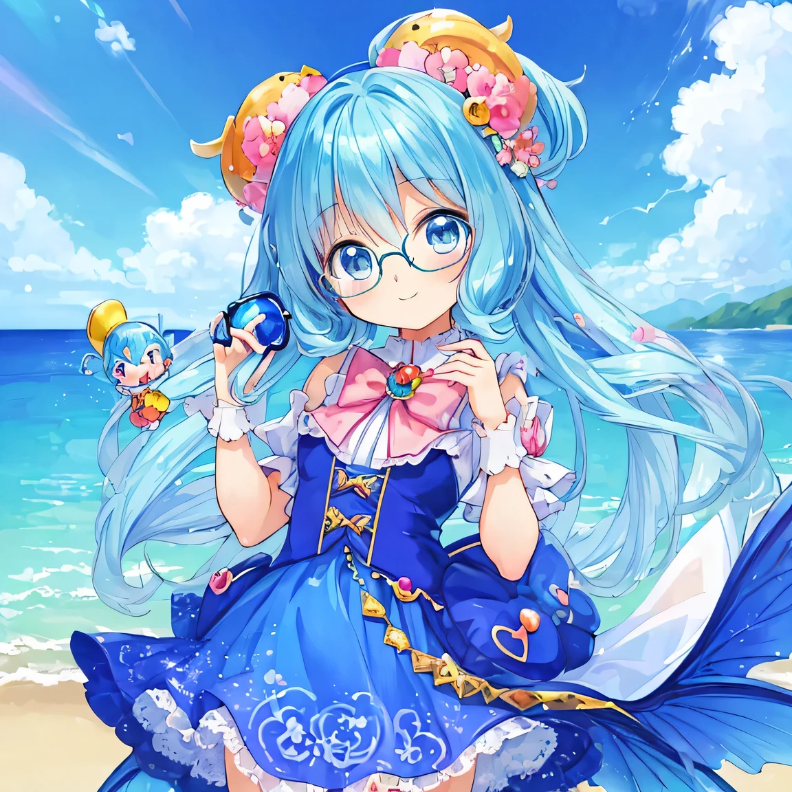 ((masterpiece)), ((best quality)), (ultra-detailed), ((kawaii)), cute, (lovely), illustration, anime style, (chibi), (Mysterious creature that is not human:1.1), Cute Mystery Creatures, solo, 1Mystery Creatures, (glasses), Mysterious appearance, Clear blue sky background.