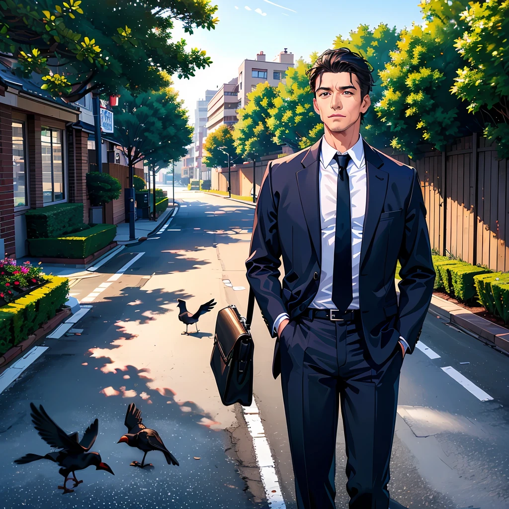 Masterpiece, Top Quality, Super Detail, 1 Man in his 40s, Male Focus, Handsome, Residential Area, Fence, Spindle Tree, Afternoon Sun, After School, Suit, Hand-held Bag, Flock of Birds, Right From the Side, Depth of Field