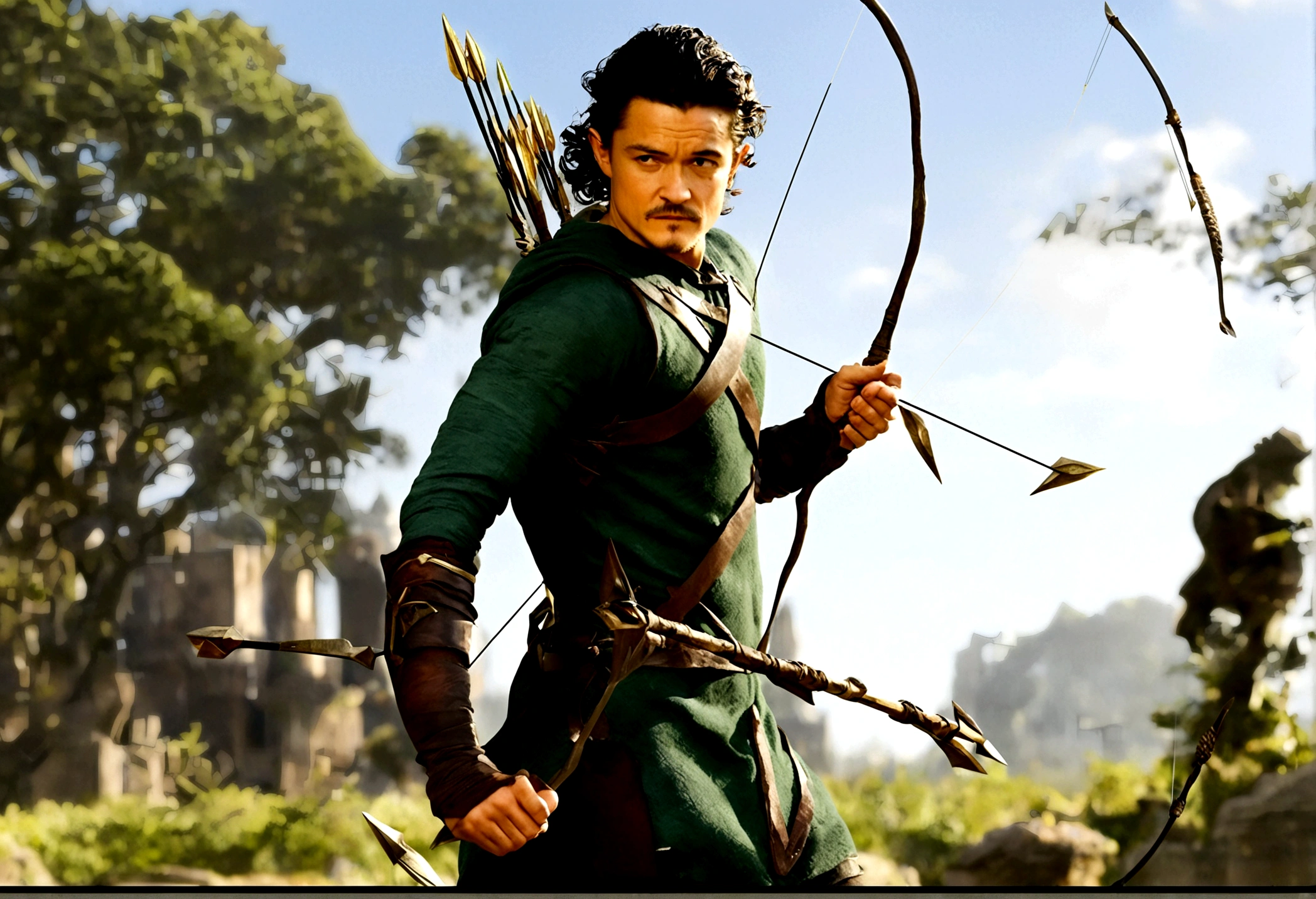 Orlando Bloom (2008, Link Costume, bow and arrow, shield on back) heroic pose, monster in distance
