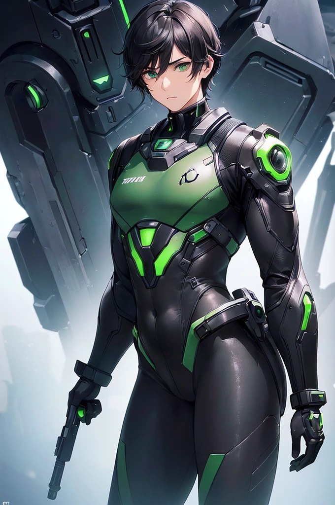 (masterpiece; best quality: 1.2), (finely detailed eyes: 1.3), ((25 year old man)), ((solo)), (green eyes: 1.4), (body; lean, fit, masculine: 1.3), (short black hair: 1.3), (beautiful and clear background: 1.2), ((depth of field)), (equipment: black mech pilot bodysuit + black gloves + futuristic pistol: 1.3), (anime illustration: 1.2), (background composition; white mech hangar: 1.1), (extremely fine and handsome: 1.1), (shot composition; standing + centered on torso + close-up: 1.5), (expression; calm, stoic: 1.2)