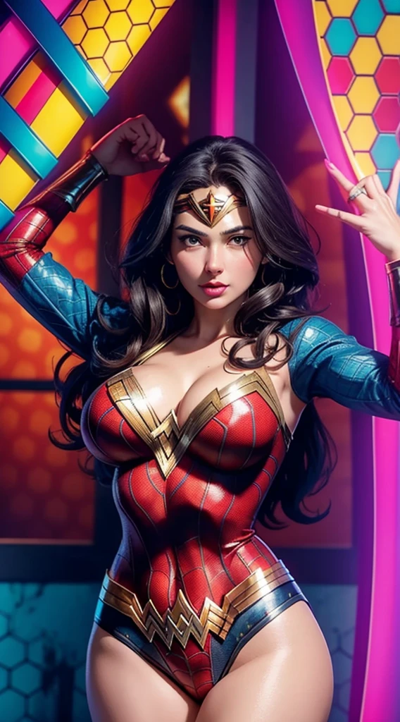 Wonder Woman (big tits) in the style of Spider-Man, masterpiece, best quality, abstract, psychedelic, neon, (honeycomb pattern), (creative:1.3), sy3, SMM, fantasy00d
