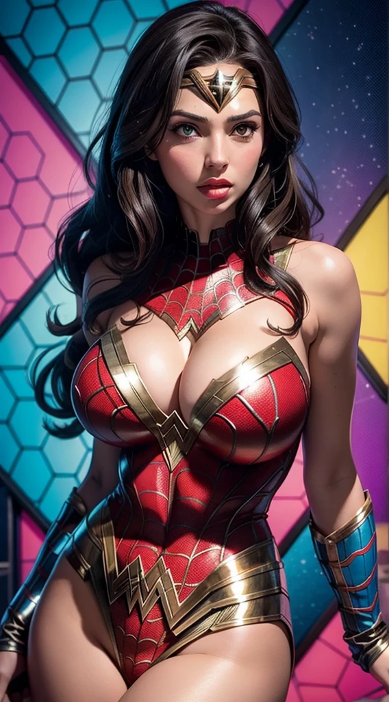 Wonder Woman (big tits) in the style of Spider-Man, masterpiece, best quality, abstract, psychedelic, neon, (honeycomb pattern), (creative:1.3), sy3, SMM, fantasy00d