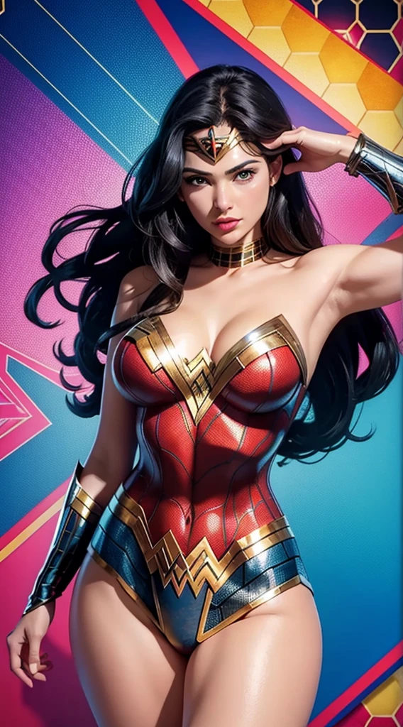 Wonder Woman (big tits) in the style of Spider-Man, masterpiece, best quality, abstract, psychedelic, neon, (honeycomb pattern), (creative:1.3), sy3, SMM, fantasy00d