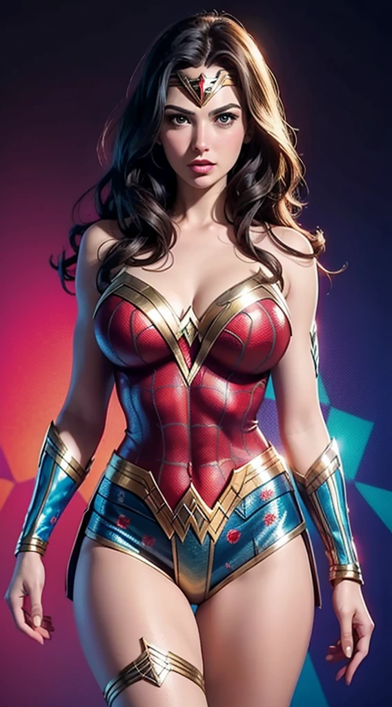 Wonder Woman (big tits) in the style of Spider-Man, masterpiece, best quality, abstract, psychedelic, neon, (honeycomb pattern), (creative:1.3), sy3, SMM, fantasy00d