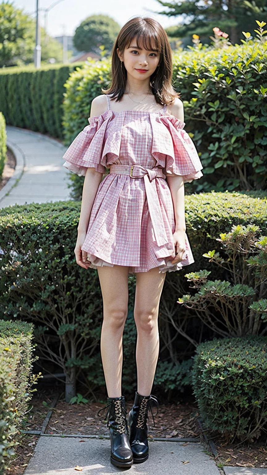 (8K、RAW Photos、Highest quality、masterpiece:1.2)、(Highest quality、Realistic)、1 Girl、((Frills、See-through、Off the shoulder、tights、Pink Mini Skirt、Thin legs、whole body、boots、garden、View from the front、Looking into the camera、belt、Stand with hands on hips))、cute