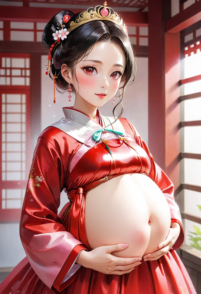 China Princess (儀modeで妊娠させられる) Pregnant women blush Functional Shiny red long sleeve royal dress hanbok milking Mother Breast milk child mode She has exposed nipples