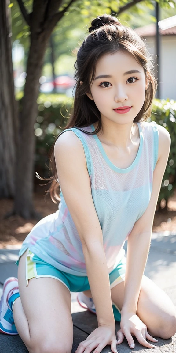 masterpiece, best quality, Surreal, Ultra Detailed, 8k resolution, RAW photos, Clear focus, (A girl in the forest), ((light gray shirt)), sleeveless, sports Shorts,, Solitary, Perfect body, Perfect body, Playful and flirty pose,((The calves are straight and thin:1.5,Wear high-end brand colored sneakers:1.5)),Bangs to eyebrows、Beautiful brown hair、Beautiful and delicate eyes、Brown eyes、Raise an eyebrow、Bangs to eyebrows、Beautiful brown hair、Beautiful and delicate eyes、Brown eyes、Raise an eyebrow、High Nose、Small nostril、Little mouth、Tempting lips、Mouth slightly open、Beautiful breasts、Full body、Oval face,Phoenix Eyes,Eyebrow, Double eyelids, Long eyelashes, A faint smile, full-body shot:1.8,She has a pair of eyes as clear as water,Eyebrows are like distant mountains,Creamy skin,Lips like cherry blossoms。Her beauty is not only in appearance,It's more about her fragile yet tenacious temperament,Like a hibiscus flower swaying in the wind,It's pitiful, A faint smile, full-body shot:1.8,
32 inches in the chest,(a charming smile:1), (sexy pose),26 years old, light,White shoes,