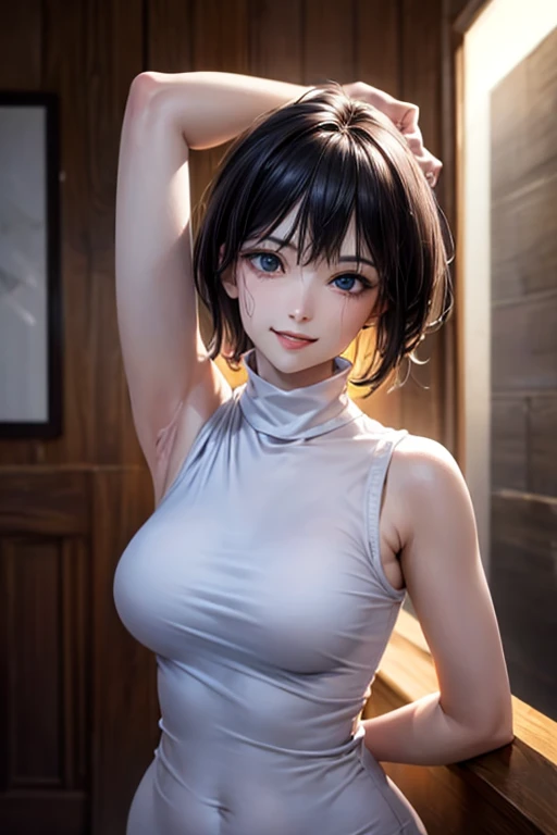 Perfect, masterpiece, (best quality, highres:1.2), 1girl, beautiful detailed eyes, beautiful detailed lips, extremely detailed eyes and face, long eyelashes, medium:oil painting, vivid colors, HDR, studio lighting, ultra-fine painting, sharp focus, physically-based rendering, extreme detail description, portraits, curvy body, big breasts, perfect shape, facing viewer, sweaty, gorgeous, arms up, sleeveless turtleneck, straddling, smiling, ((arm warmer))