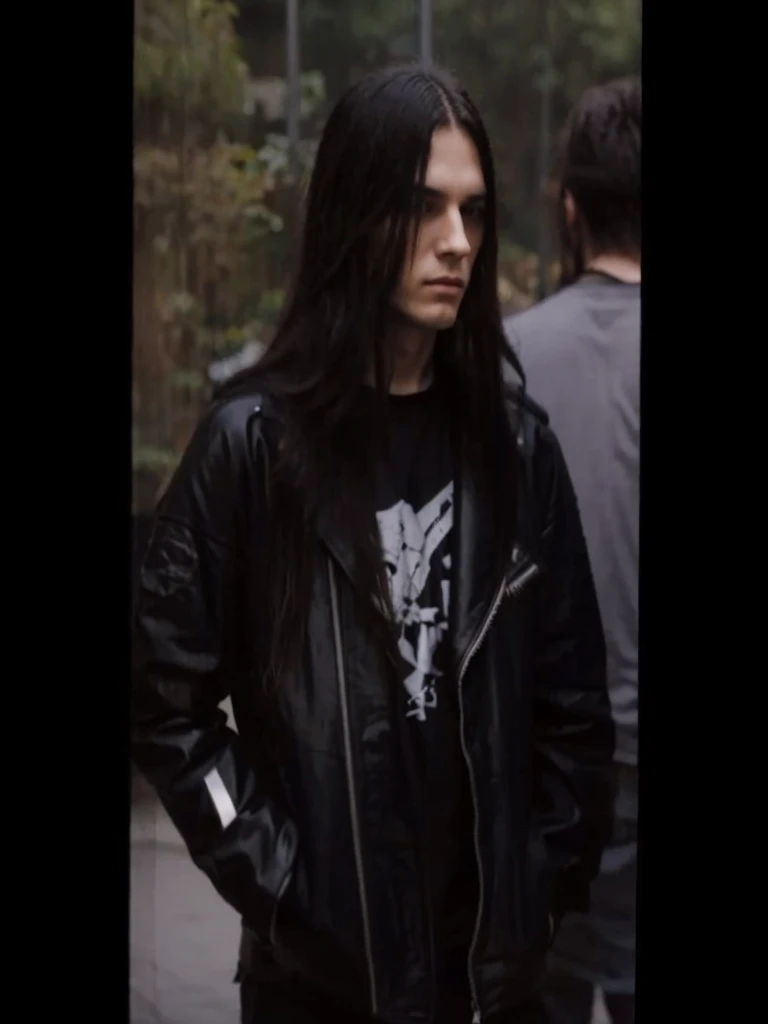  young man with long hair,wear leather with metalband t shirt inside