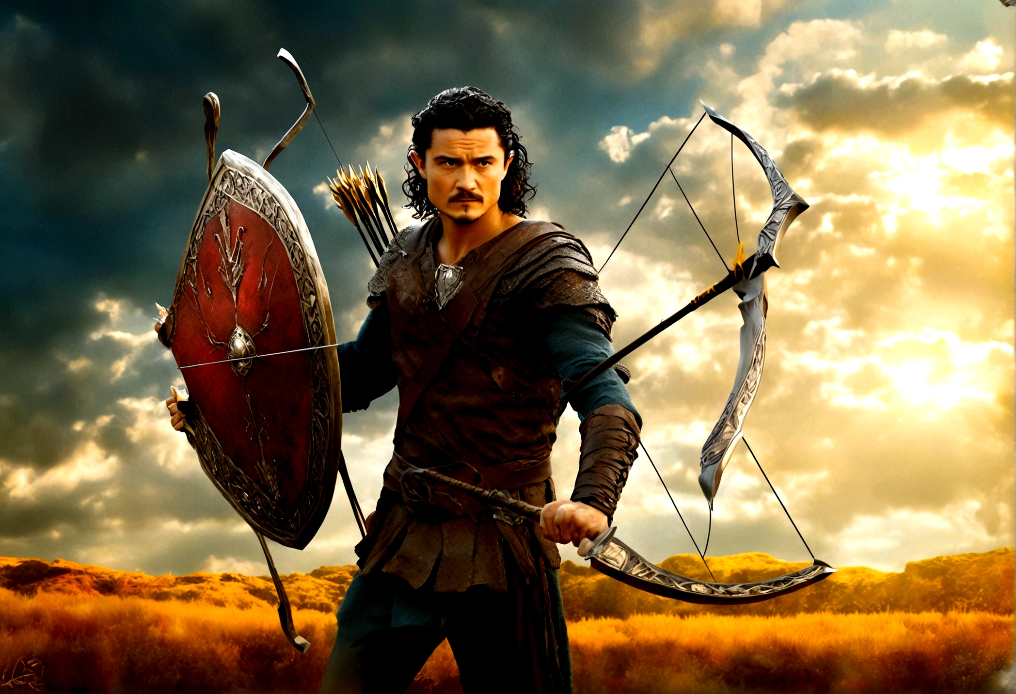 Orlando Bloom (2008, Link Costume, bow and arrow, shield on back) heroic pose, monster in distance
