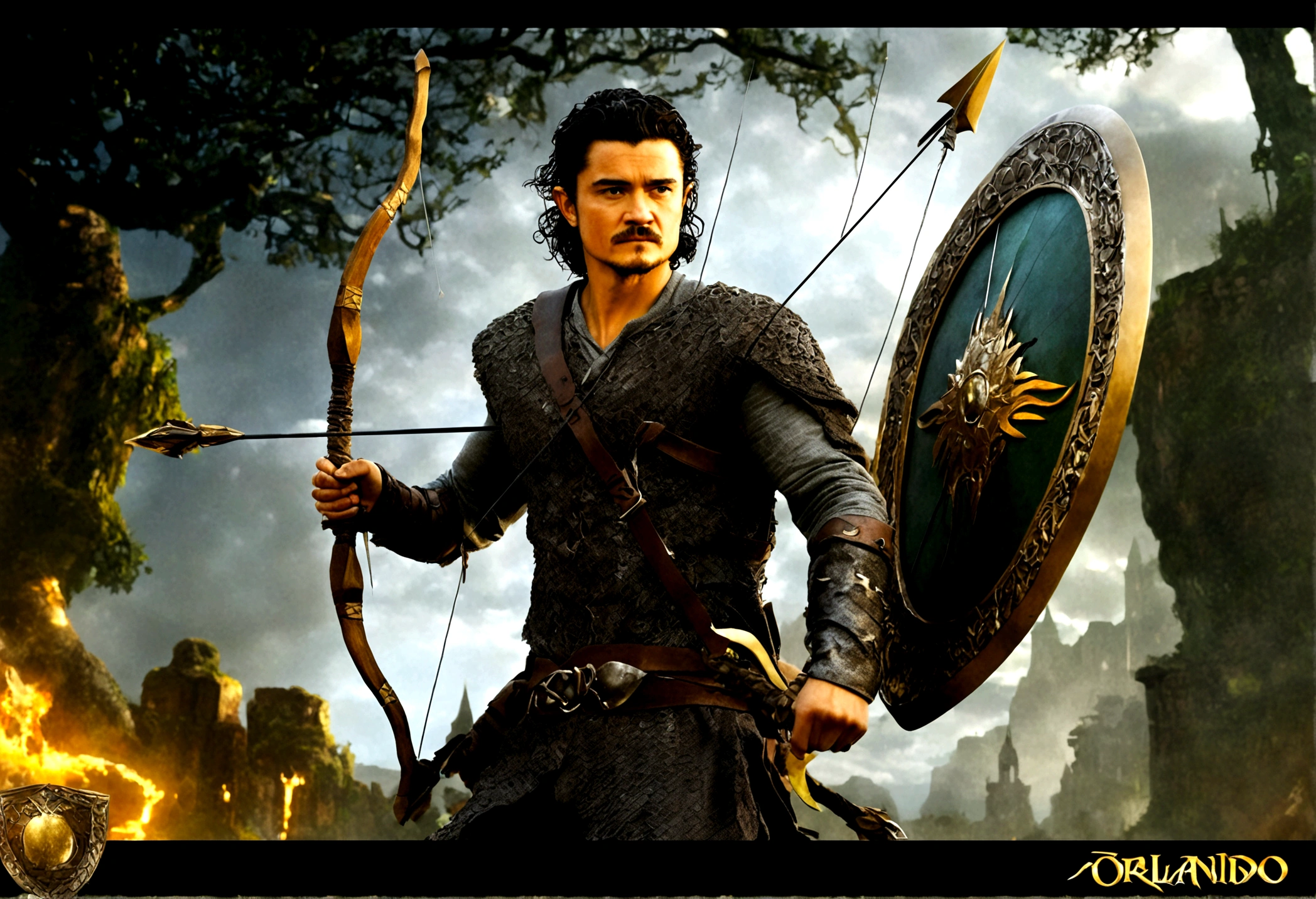 Orlando Bloom (2008, Link Costume, bow and arrow, shield on back) heroic pose, monster in distance
