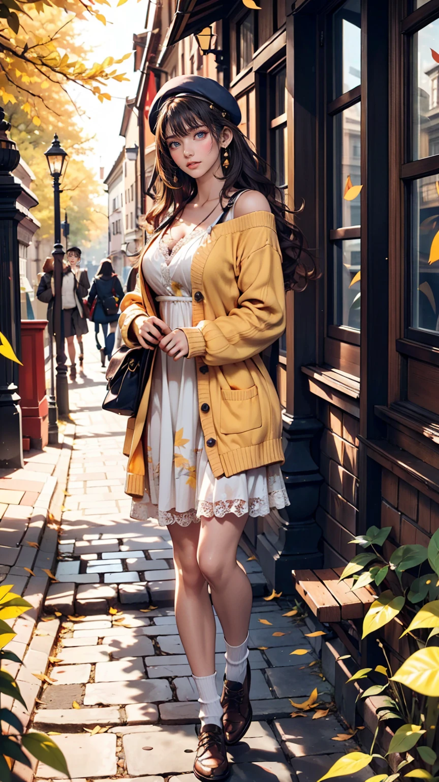 19-year-old female、Cute appearance、Wear a bright red beret、Oxford University campus、Yellow leaves on a tree々、yellow fallen leaves、Walking along the cobblestone streets of the campus、Cute Shoes、Pochette shoulder bag、Lace-embellished dress、Put on a frilly cardigan