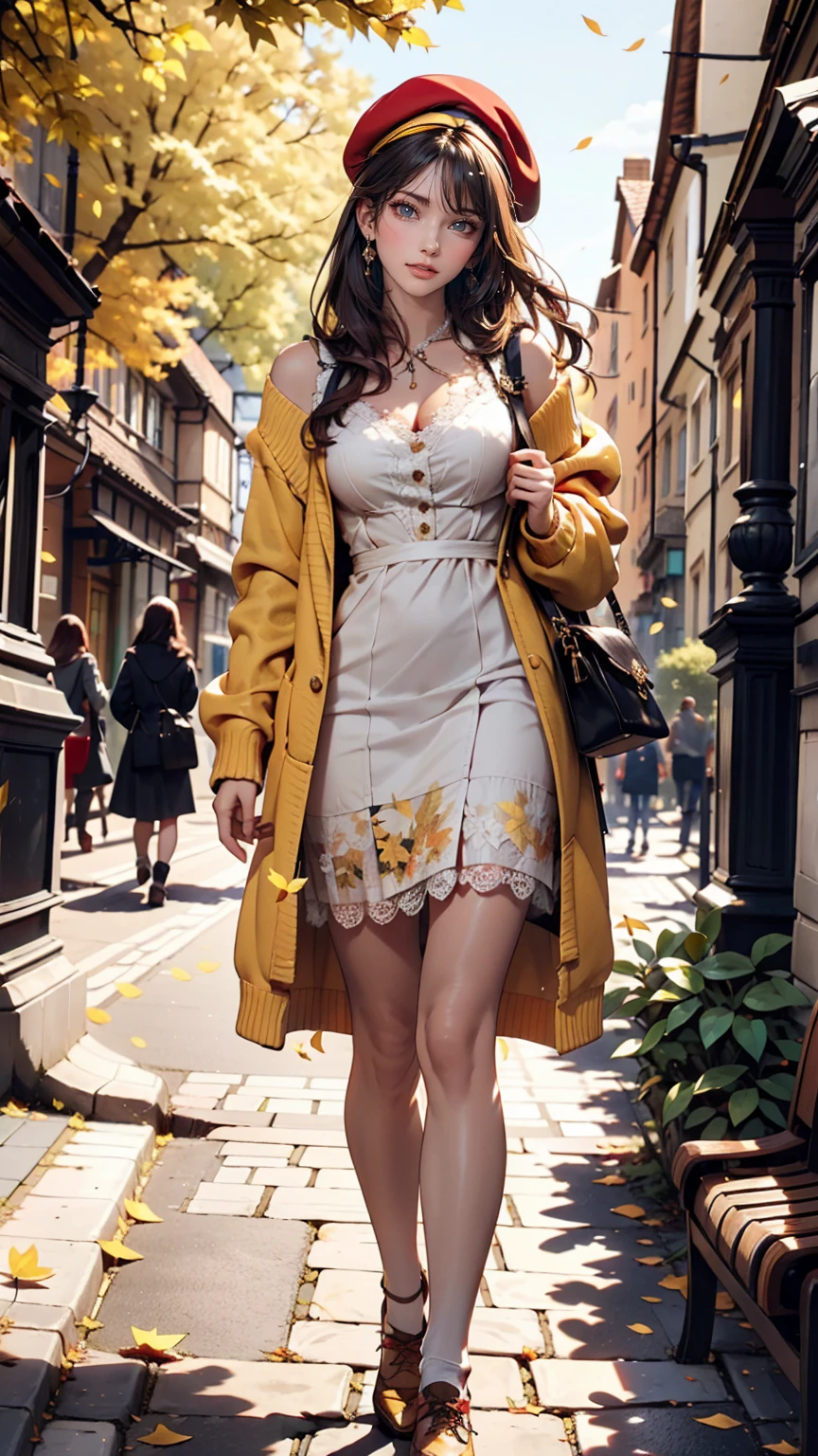 19-year-old female、Cute appearance、Wear a bright red beret、Oxford University campus、Yellow leaves on a tree々、yellow fallen leaves、Walking along the cobblestone streets of the campus、Cute Shoes、Pochette shoulder bag、Lace-embellished dress、Put on a frilly cardigan
