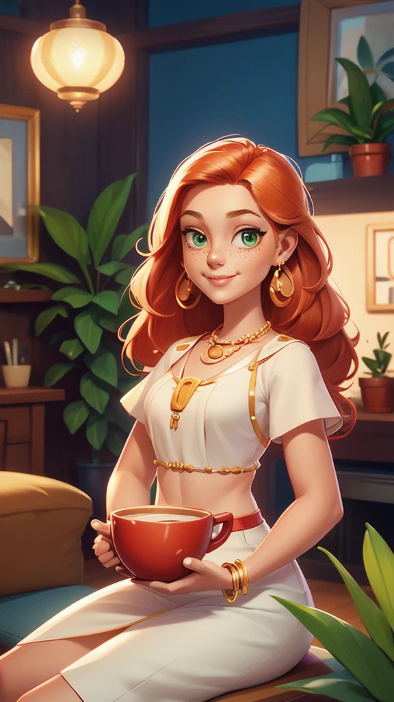 whole body,Mid-Long View,Concept Art,character illustration of a,European and American cartoons,A 20-year-old blonde girl is sitting leisurely in the living room,Holding a cup of coffee,A laid-back expression,Relax,Leisure,Leisure,European and American cartoons,1 Girl,freckle,Solitary,Jewelry,Green Eyes,Weaving,earrings,twin Weavings,necklace,Looking at the audience,Red hair,breast,Vague,plant,Short sleeve,Vague background,diaphragm,Upper Body,Puff sleeves,bracelet,Smile,Long hair,puffy Short sleeve,Necklace,Umbilical cord,Top of crop,