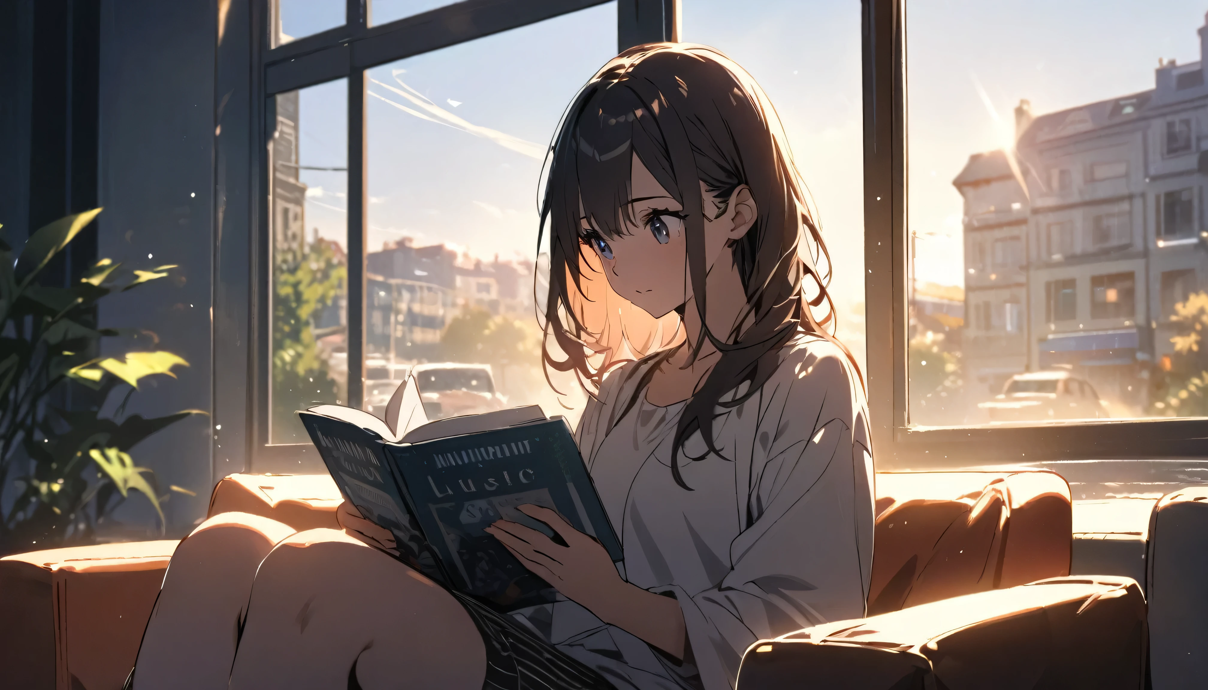 Girl sitting on sofa reading a book,In front of a large window,Morning sunlight,Streetscape、listen to music、