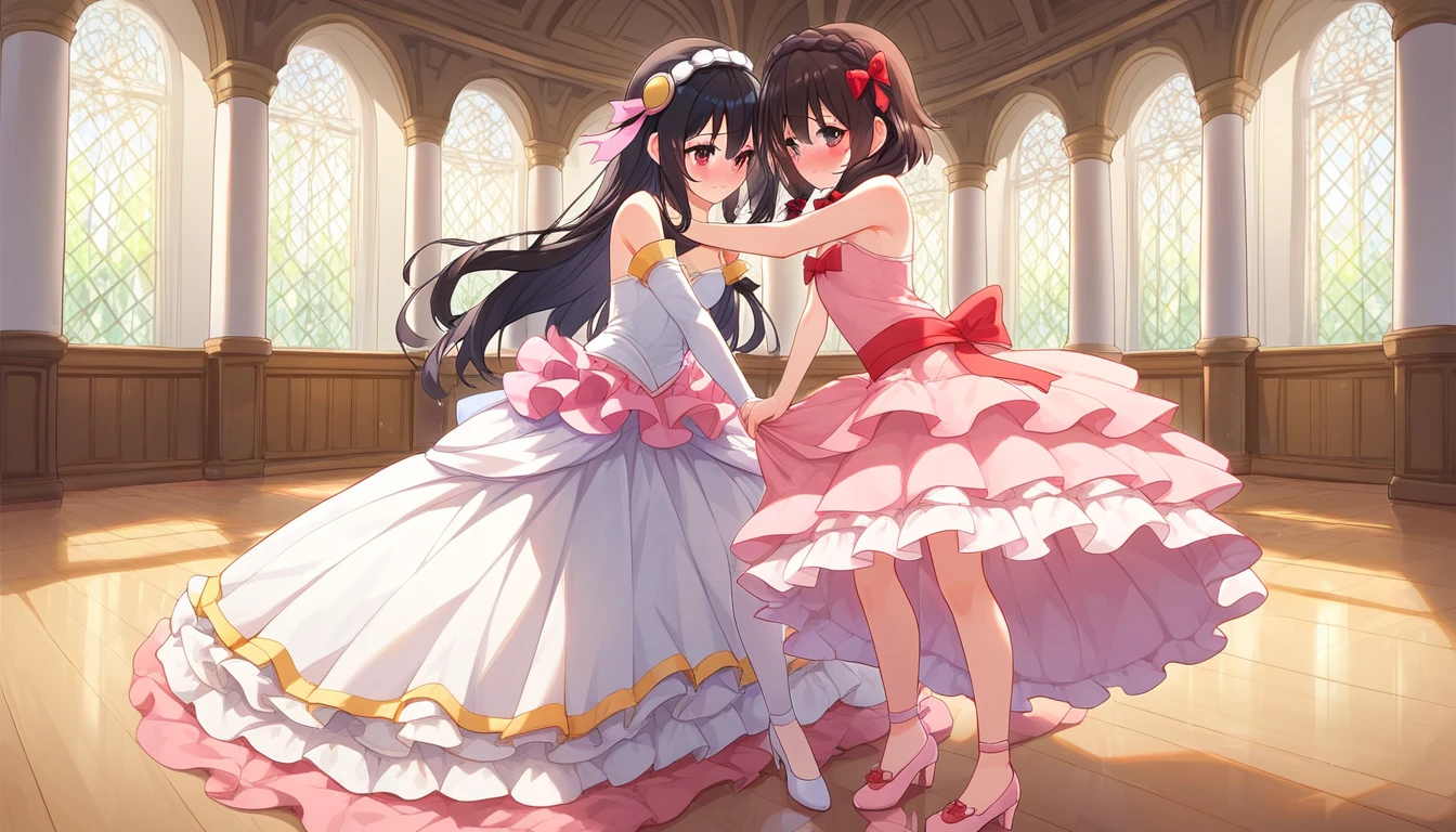 
((2girls:1.3)), ((moe style:1.3)), ((standing:1.3)), ((tutu:1.3)), ((ballroom dance:1.3)), full body, yuri, ((black hair:1.3)), megumin (konosuba), yunyun (konosuba), ((shy:1.3)), blush, ((perfect face)), ((extremely cute:1.3)), ((masterpiece:1.3)), ((8k)), ((best quality:1.3)), ((beautiful)), ((extremely detailed:1.3)) , ((absurdres)), AddXL, ((score_9:1.3)), ((score_8_up:1.3)), ((score_7_up:1.3)), Expressiveh 