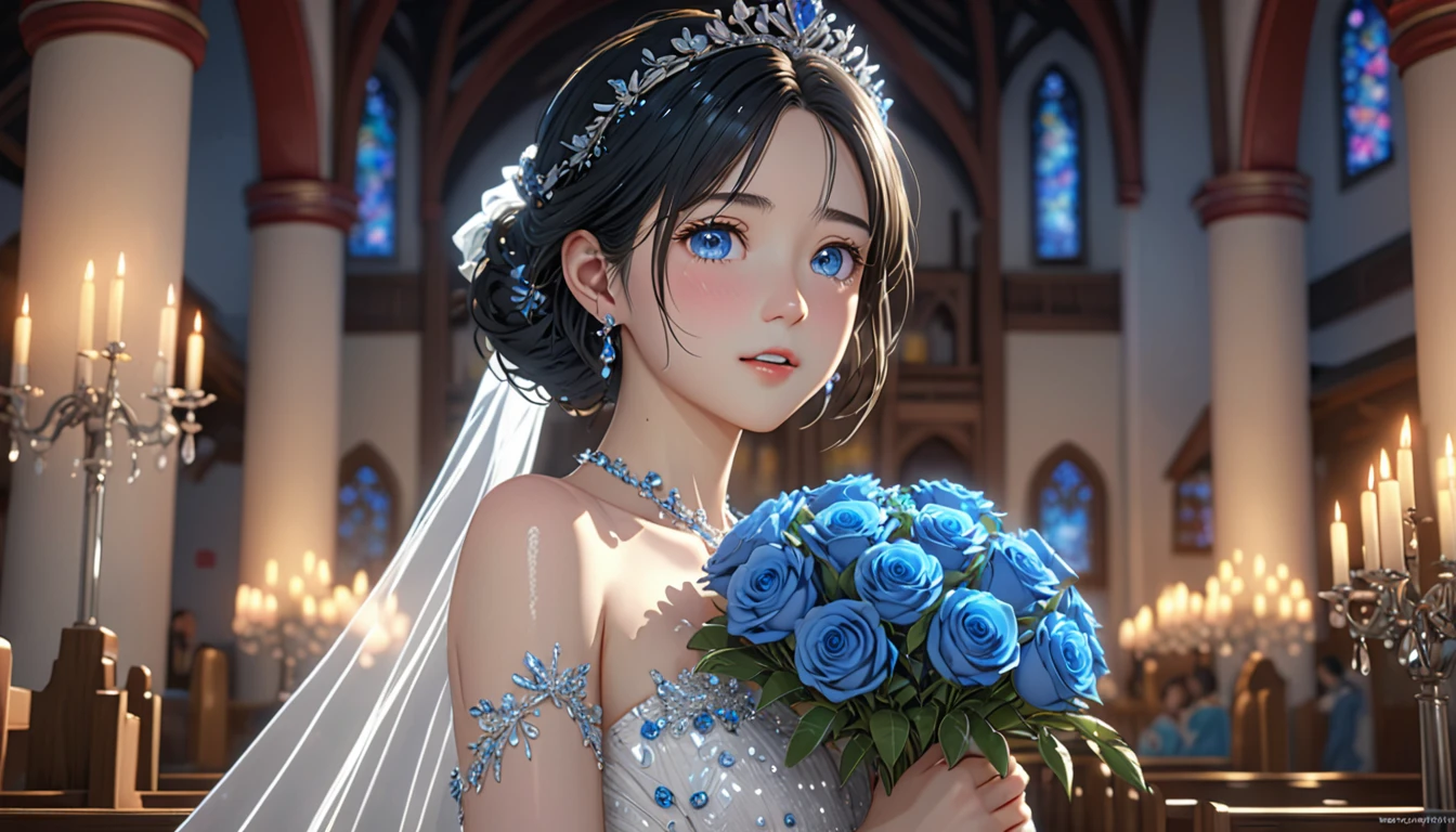 National Science Foundation,masterpiece,High resolution,8K,16k,Art,digit,Three-dimensional,Kyoto Animation Style,your name movie style,UHD,high details,highres,high quality,best quality,super detail,textured skin,accurate,anatomically correct,award winning,Facing the camera,Soft Light,Glowing skin,(1 female: 1.3),(alone: 1.4),(((Black hair))),(Gorgeous,sparkling wedding dress),Swarovski crystals on gorgeous wedding dress,crystal crown,crystal necklace,crystal earrings,(pale blue eyes),Long eyelashes,slender legs,medium Bob,Bouquet of blue roses in hand,(((medium shot: 1.3))),(((from front))),(((from right in front of face and body: 1.5))),In the quaint church,Starry eyes,Blushed,shy,shy,open mouth,