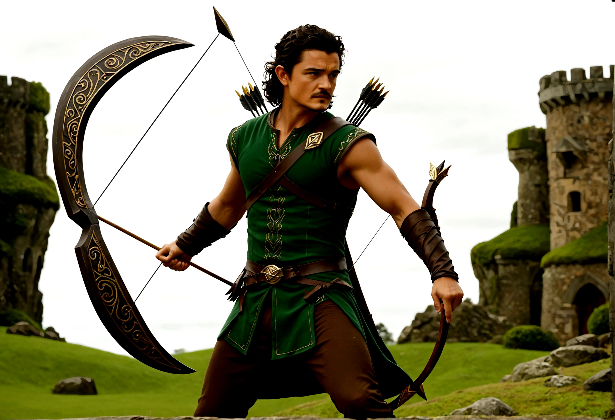 Orlando Bloom (2008, Link Costume, bow and arrow, shield on back) heroic pose, monster in distance
