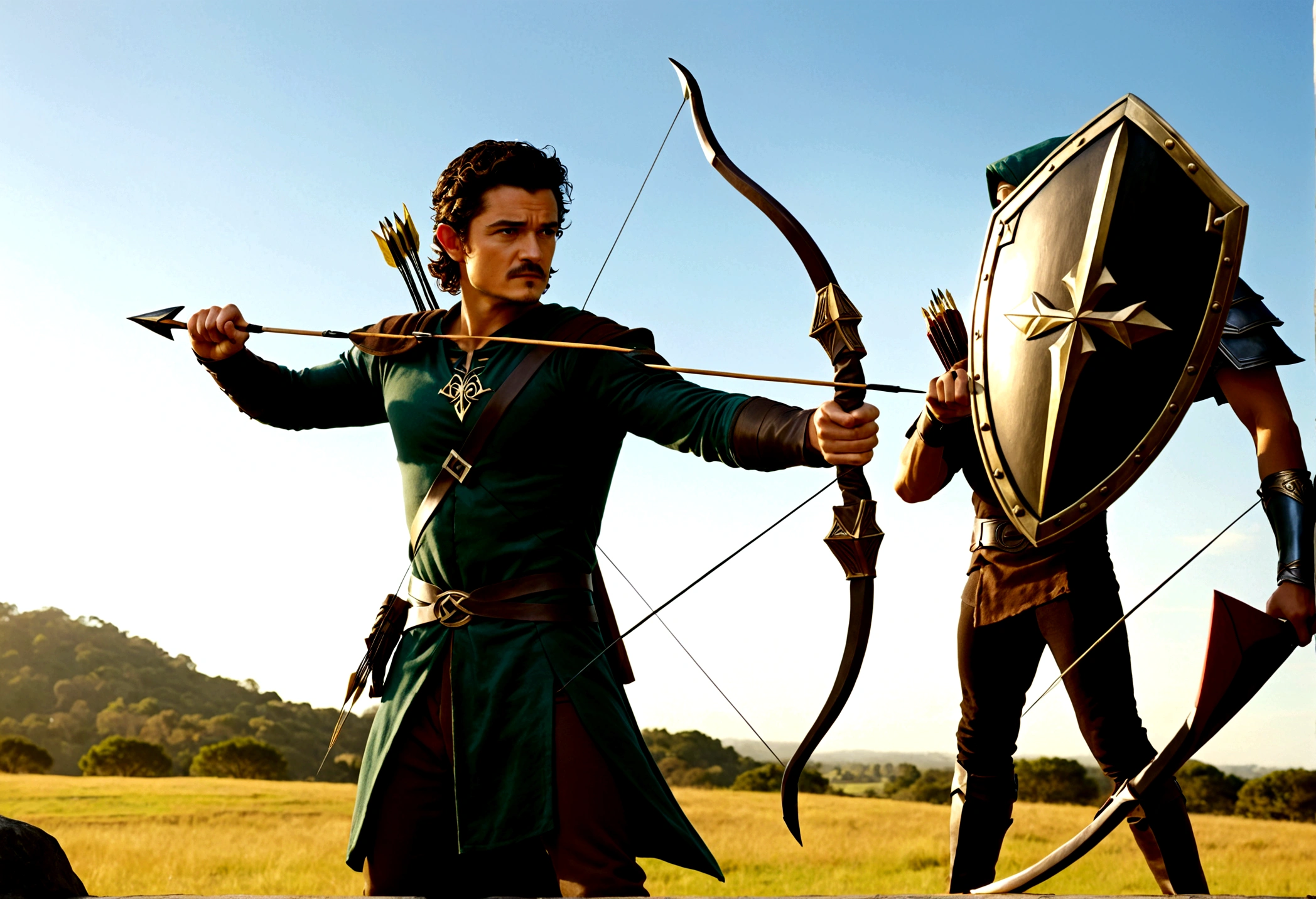 Orlando Bloom (2008, Link Costume, bow and arrow, shield on back) heroic pose, monster in distance
