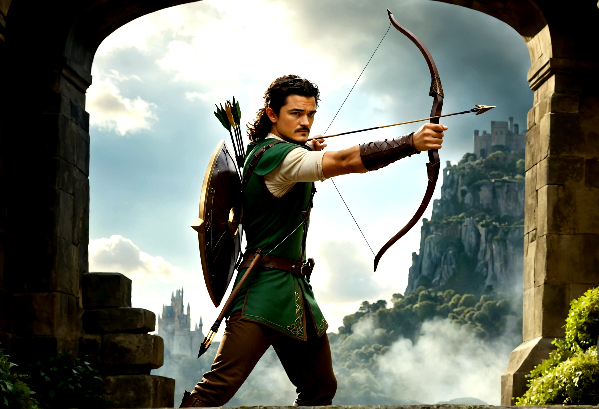 Orlando Bloom (2008, Link Costume, bow and arrow, shield on back) heroic pose, monster in distance