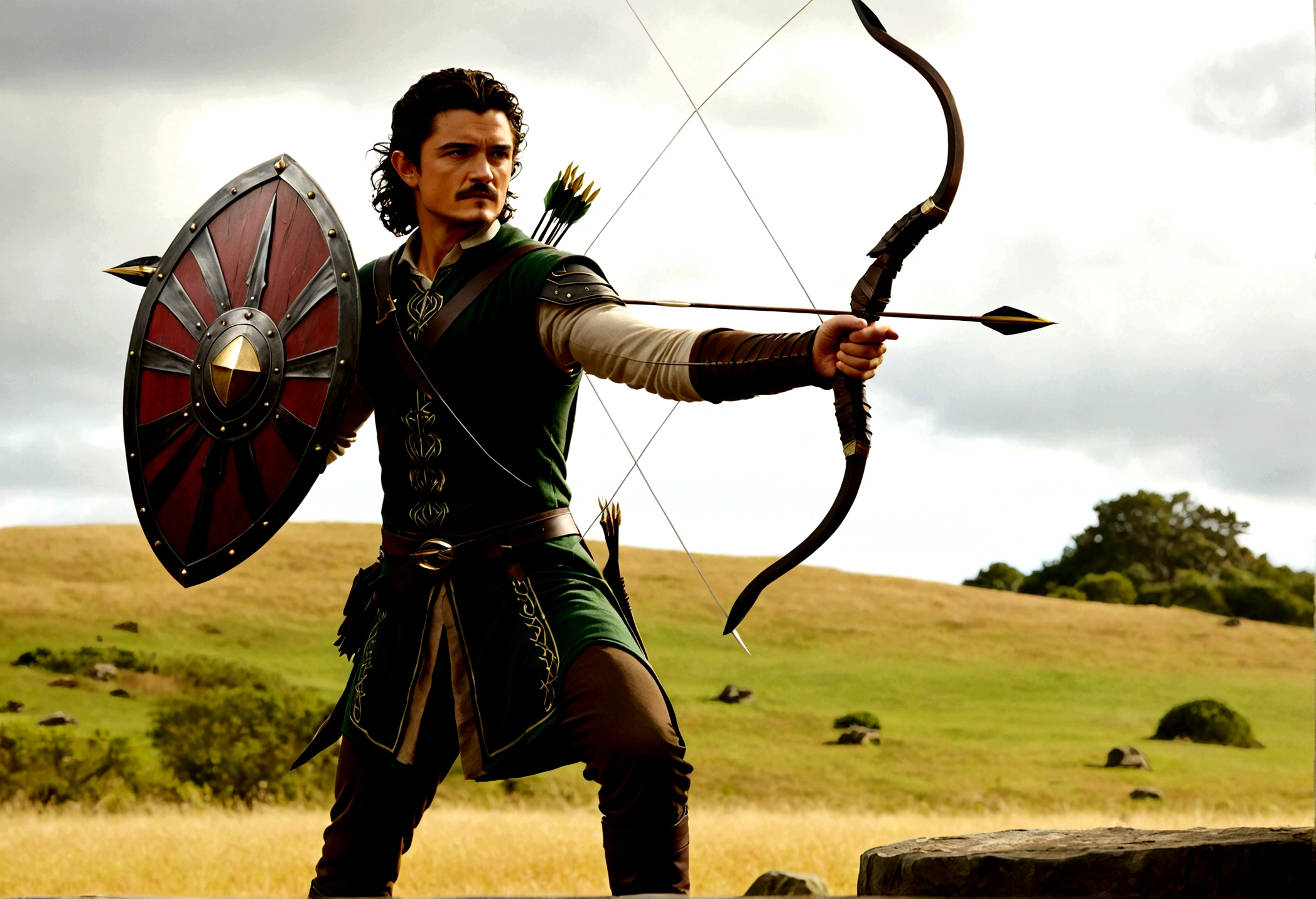 Orlando Bloom (2008, Link Costume, bow and arrow, shield on back) heroic pose, monster in distance
