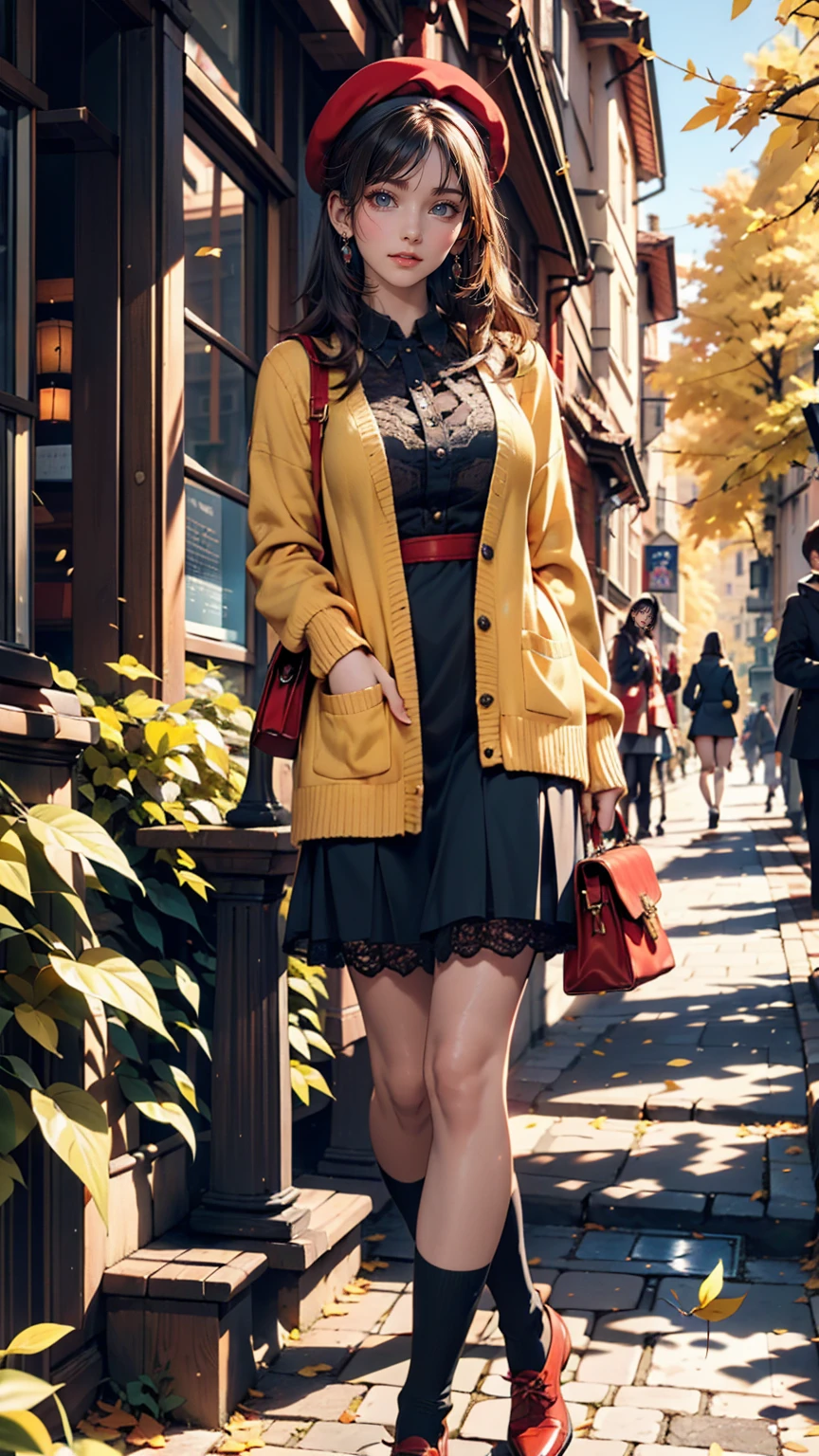 19-year-old female、Cute appearance、Wear a bright red beret、Oxford University campus、Yellow leaves on a tree々、yellow fallen leaves、Walking along the cobblestone streets of the campus、Cute Shoes、Pochette shoulder bag、Lace-embellished dress、Put on a frilly cardigan