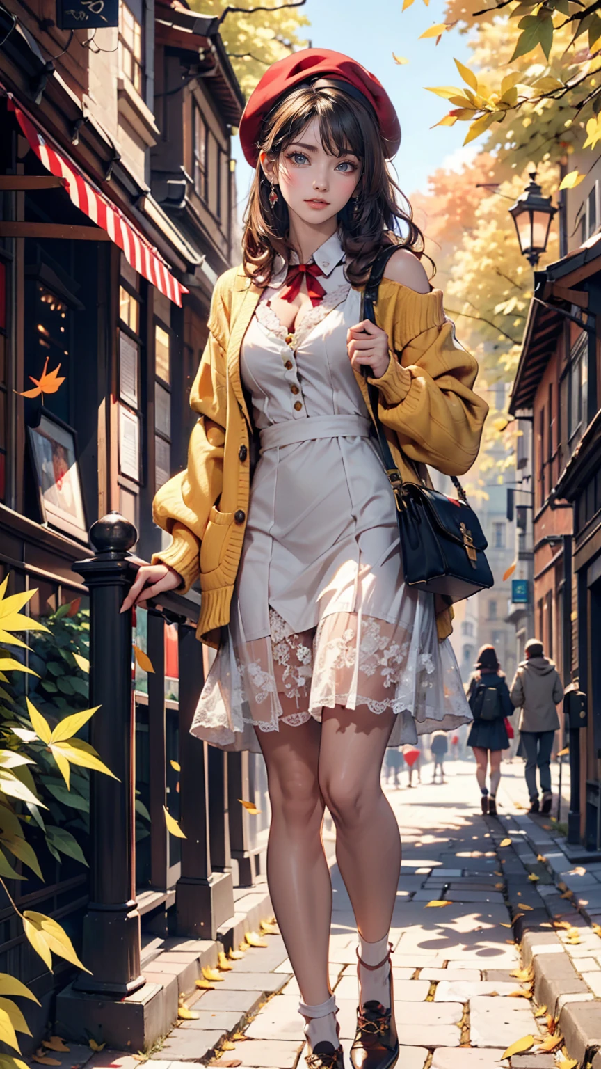 19-year-old female、Cute appearance、Wear a bright red beret、Oxford University campus、Yellow leaves on a tree々、yellow fallen leaves、Walking along the cobblestone streets of the campus、Cute Shoes、Pochette shoulder bag、Lace-embellished dress、Put on a frilly cardigan