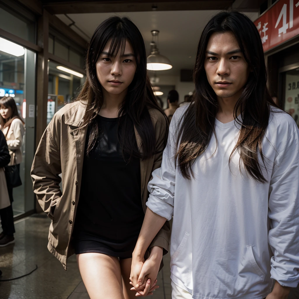 Generate an image of yaemori and kazuya together in a photo in which they are holding hands