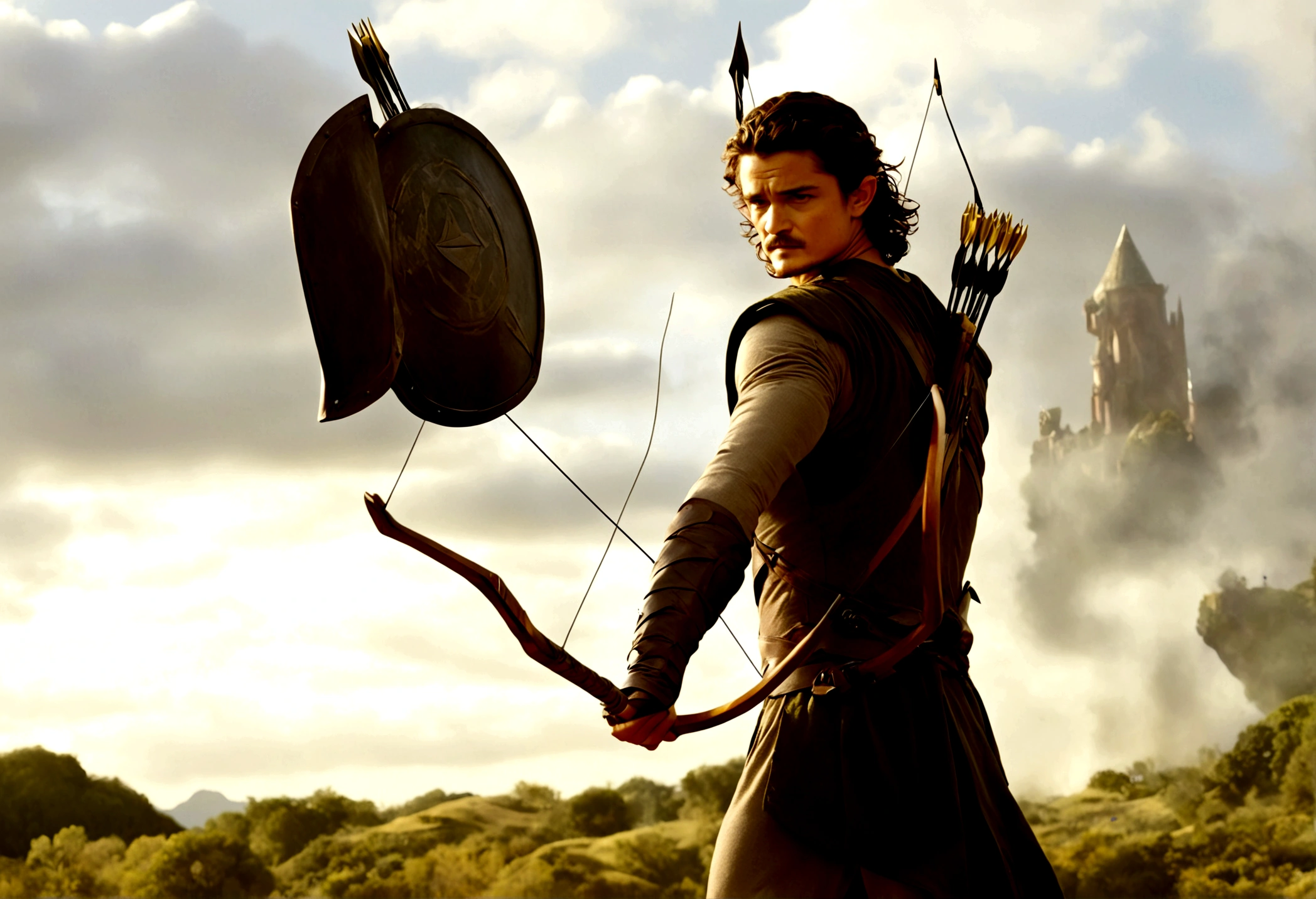 Orlando Bloom (2008, Link Costume, bow and arrow, shield on back) heroic pose, monster in distance