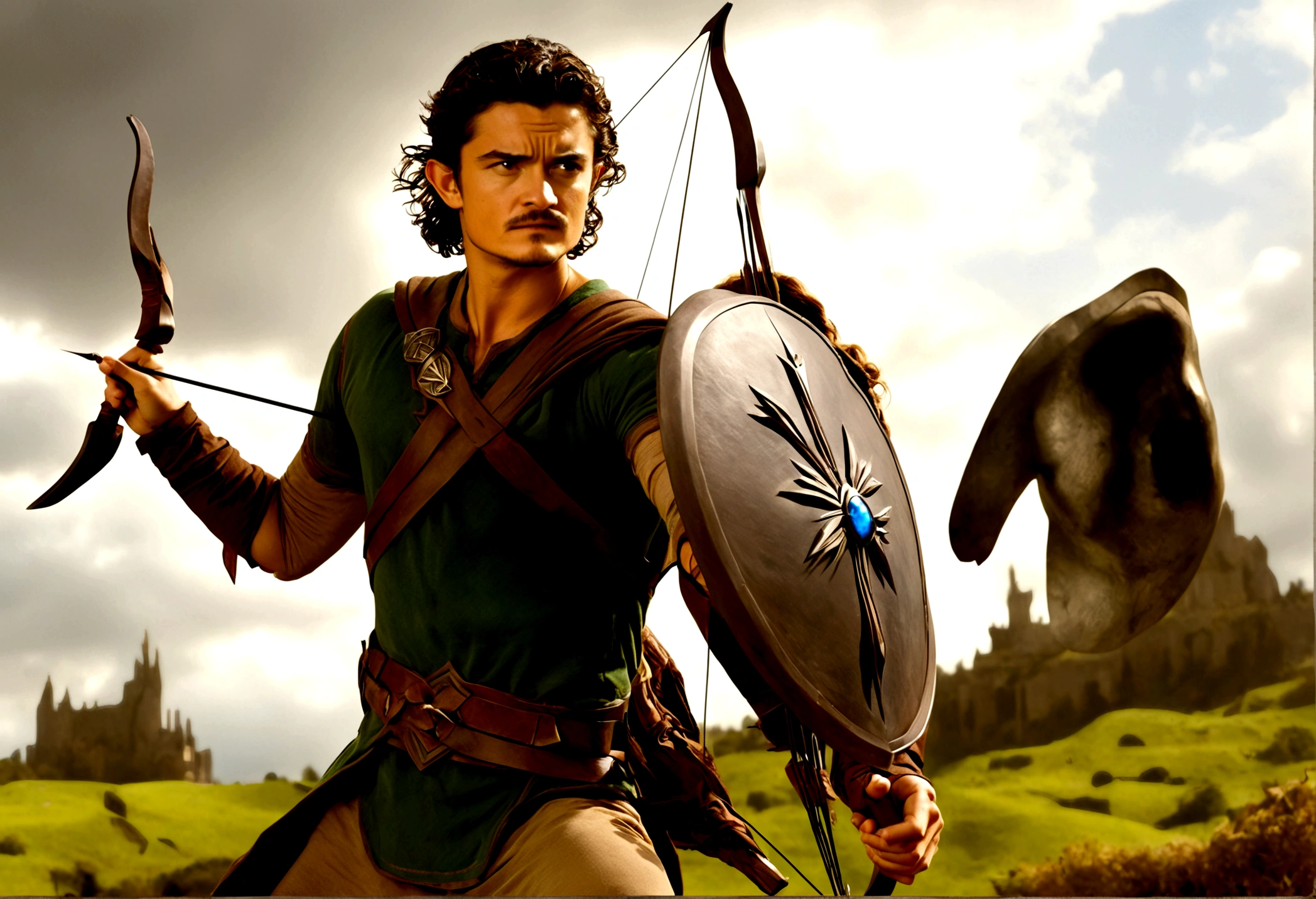 Orlando Bloom (2008, Link Costume, bow and arrow, shield on back) heroic pose, monster in distance
