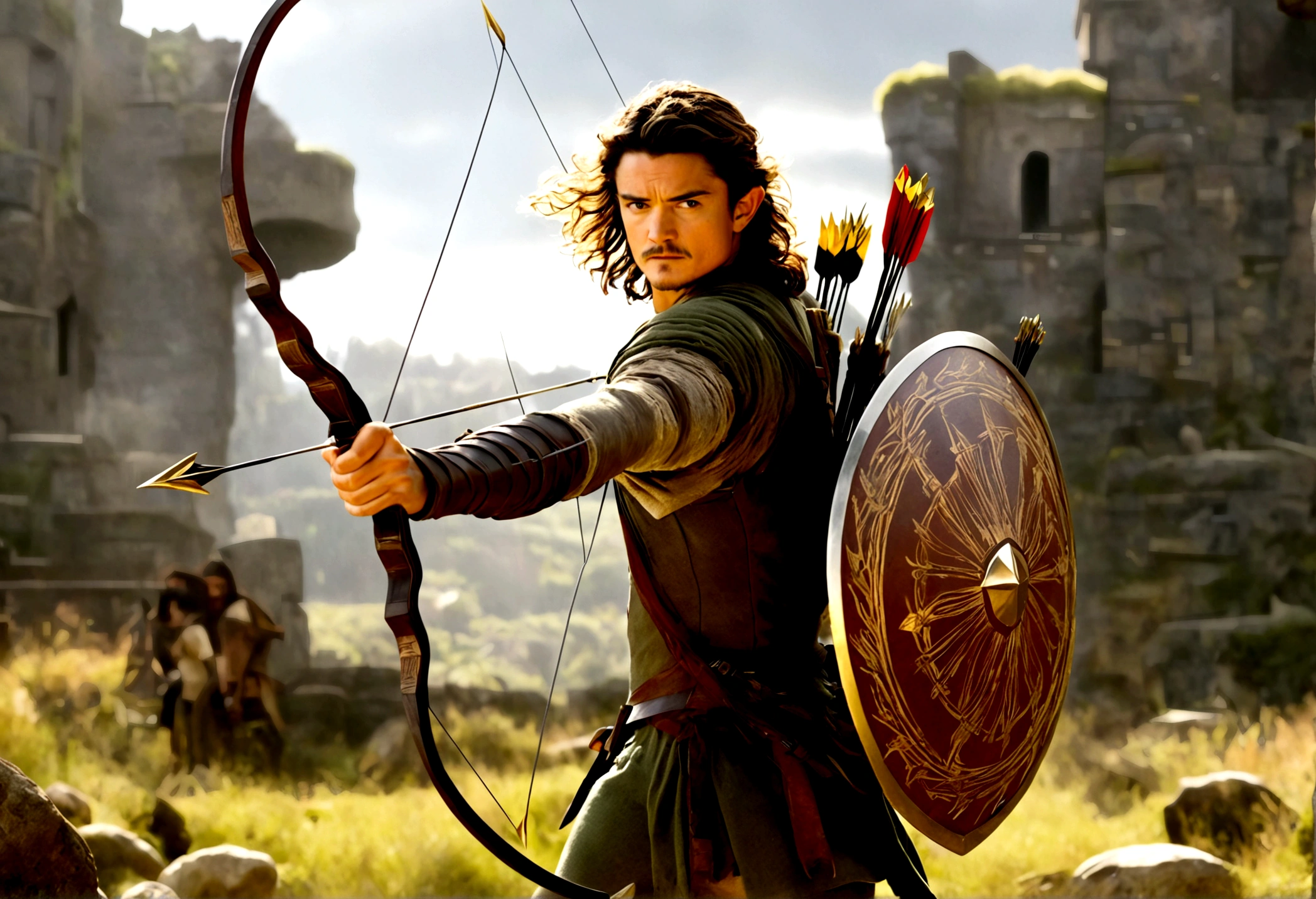Orlando Bloom (2008, Link Costume, bow and arrow, shield on back) heroic pose, monster in distance
