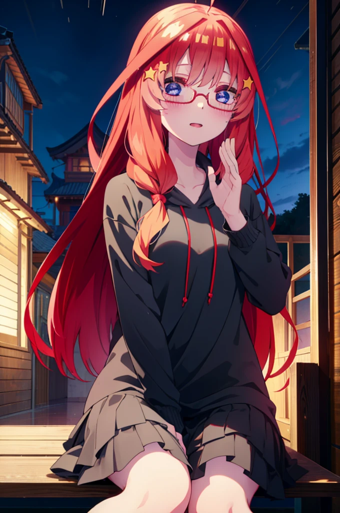 itsukinakano, itsuki nakano, bangs, blue eyes, Hair between the eyes, Ahoge, Redhead, star \(symbol\), hair ornaments, star hair ornaments,smile,blush,Open your mouth,Long braids,Red-rimmed glasses,Oversized red hoodie and long skirt,Black pantyhose,boots,Hiding in a roofed building,Sitting on the steps of a roofed building,rain,night,whole bodyがイラストに入るように,
break indoors, Alley,
break looking at viewer, whole body,
break (masterpiece:1.2), Highest quality, High resolution, unity 8k wallpaper, (figure:0.8), (Beautiful attention to detail:1.6), Highly detailed face, Perfect lighting, Highly detailed CG, (Perfect hands, Perfect Anatomy),