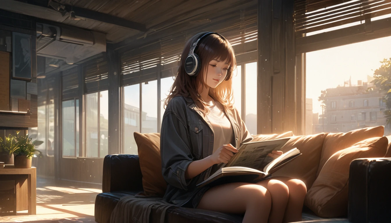 Girl sitting on sofa reading a book,In front of a large window,Morning sunlight,Streetscape、listen to music、Realistic feel、4K
