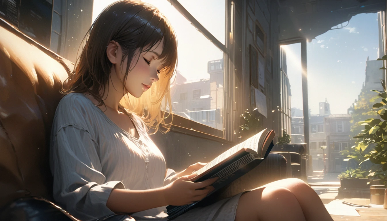Girl sitting on sofa reading a book,In front of a large window,Morning sunlight,Streetscape、listen to music、Realistic feel、４K