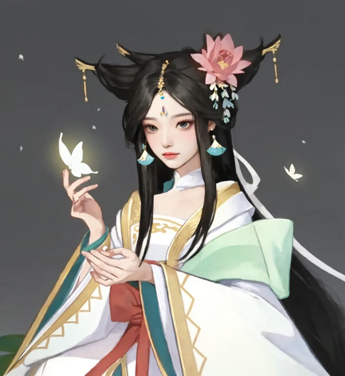 Black Hair、Close-up of a woman, Beautiful character painting, Gu Weiss, Gu Weiss style artwork,, Epic and beautiful character art, Stunning character art，A large lotus leaf，Lotus，Barefoot，Wearing Hanfu，Headdress，Butterfly，发光的Butterfly，earring，Headdress，clothing，Wide sleeves