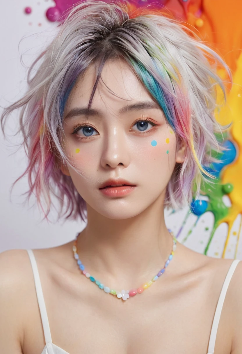 (((masterpiece))),(((best quality))),((Extremely detailed)),(illustration),(Dynamic Angle), ((floating)),(painting),((Messy hair)), (Solitary),(1 Girl), ((small_breast)), (((Delicate anima face))),((Beautiful and delicate face)),collar,Bare shoulders, White hair, ((Colorful hair)),((Striped hair)), Beautiful and delicate eyes,(Gradient eyes),(((Colored eyes))), (((Colored background))),(((High Saturation))),(((Surrounded by colorful colors))),(((Colored dots around))),Colored bubbles,((shining))