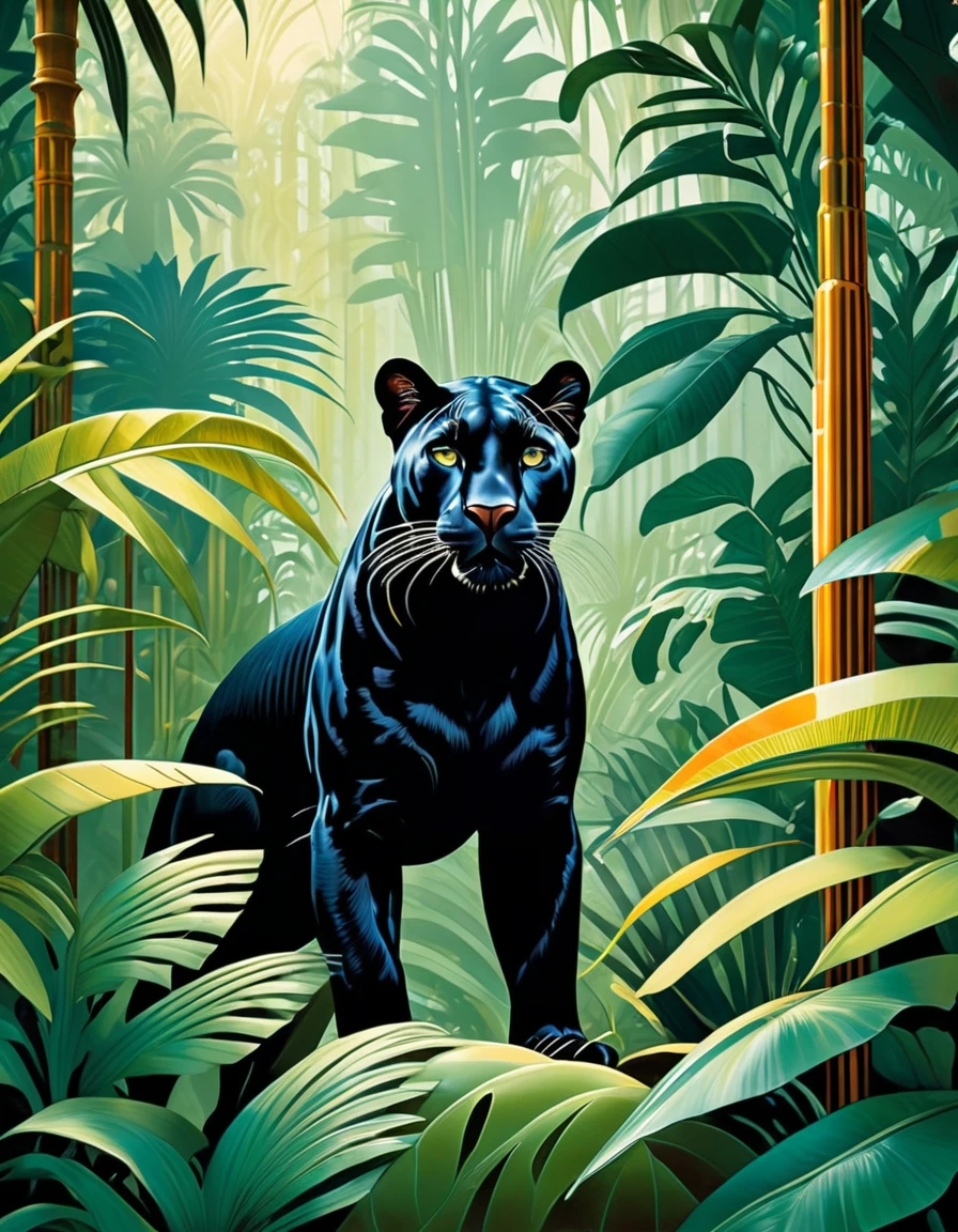 art deco panther in the jungle illustration