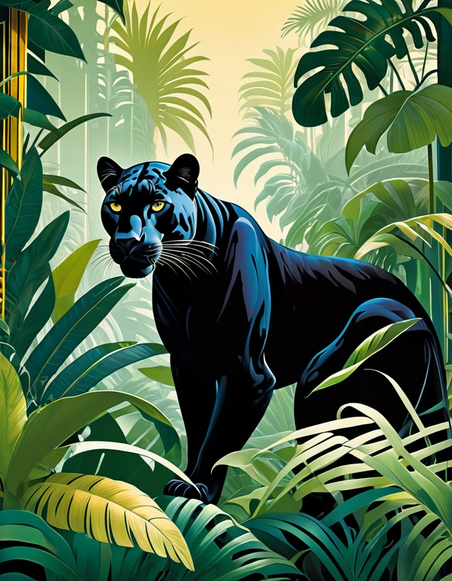 art deco panther in the jungle illustration