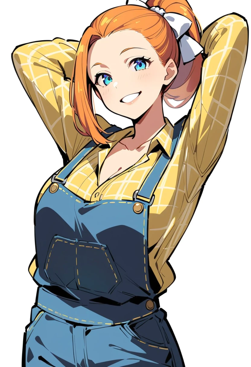 pewarnaan character, visual illustration, @ANN, 1girl, solo, overalls, white background, blue overalls, smile, blue eyes, simple background, looking at viewer, breasts, arms up, long sleeves, yellow shirt, orange hair, cowboy shot, collarbone, collared shirt, cleavage, denim, hair pulled back, grin, blonde hair, long hair, medium breasts, forehead, standing, arms behind head, ponytail, braided ponytail, single braid, teeth, oversized clothes, medium hair, short hair, partially unbuttoned, pants, see-through silhouette, oversized shirt, see-through, buttons, head tilt, parted lips, large breasts, hair ribbon, white bow, tomboy, plaid shirt, ann \(harvest moon\), ran \(bokujou monogatari\)