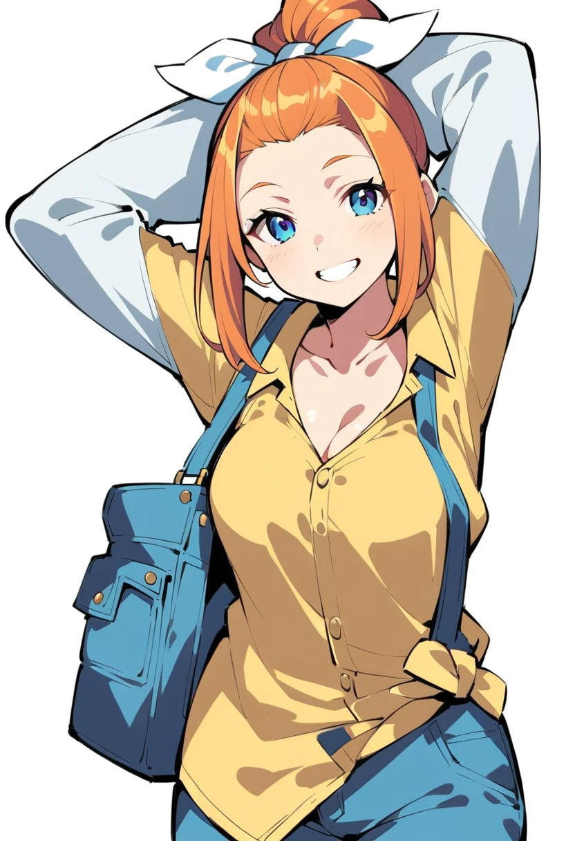 pewarnaan character, visual illustration, @ANN, 1girl, solo, overalls, white background, blue overalls, smile, blue eyes, simple background, looking at viewer, breasts, arms up, long sleeves, yellow shirt, orange hair, cowboy shot, collarbone, collared shirt, cleavage, denim, hair pulled back, grin, blonde hair, long hair, medium breasts, forehead, standing, arms behind head, ponytail, braided ponytail, single braid, teeth, oversized clothes, medium hair, short hair, partially unbuttoned, pants, see-through silhouette, oversized shirt, see-through, buttons, head tilt, parted lips, large breasts, hair ribbon, white bow, tomboy, plaid shirt, ann \(harvest moon\), ran \(bokujou monogatari\)