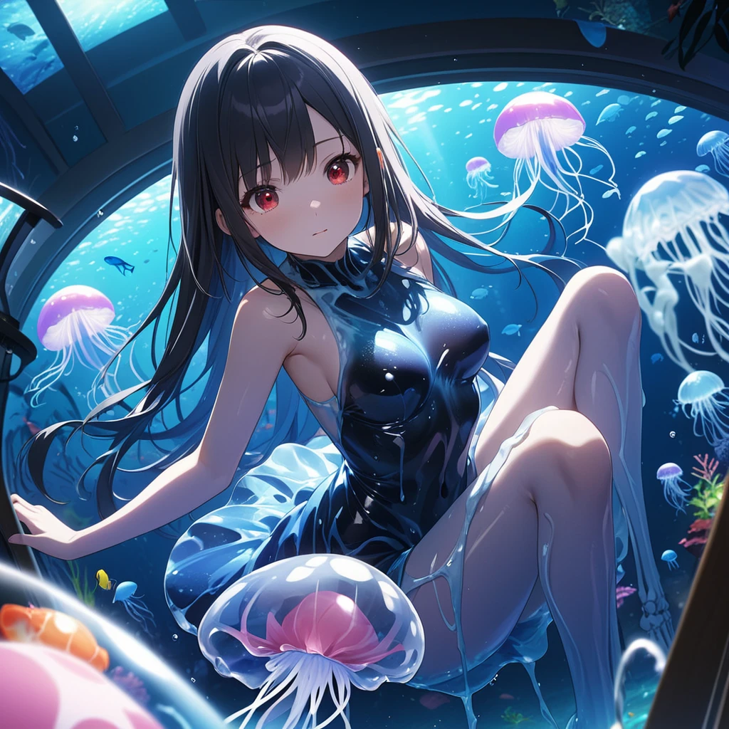 1girl、Black Hair、Red eyes、Skeleton Body、Liquid Dress、Blue jellyfish、aquarium、deep faint light 、 detailed CG、high resolution