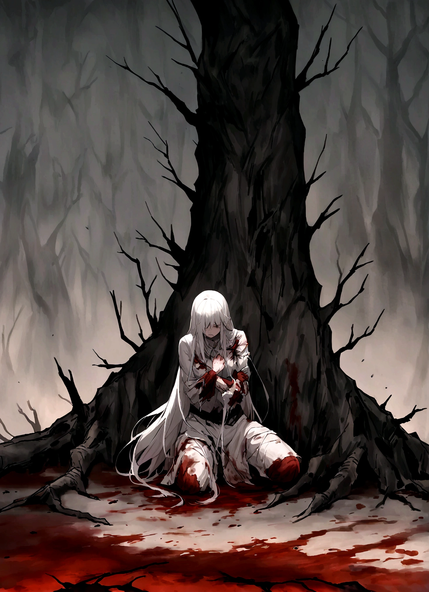 Dark atmosphere,(Background is rotten land,Dead Tree),Kneeling on the ground,cry,Tears,Long hair,(Damaged clothing),(Blood,Wound),White feathers,Blood,struggle