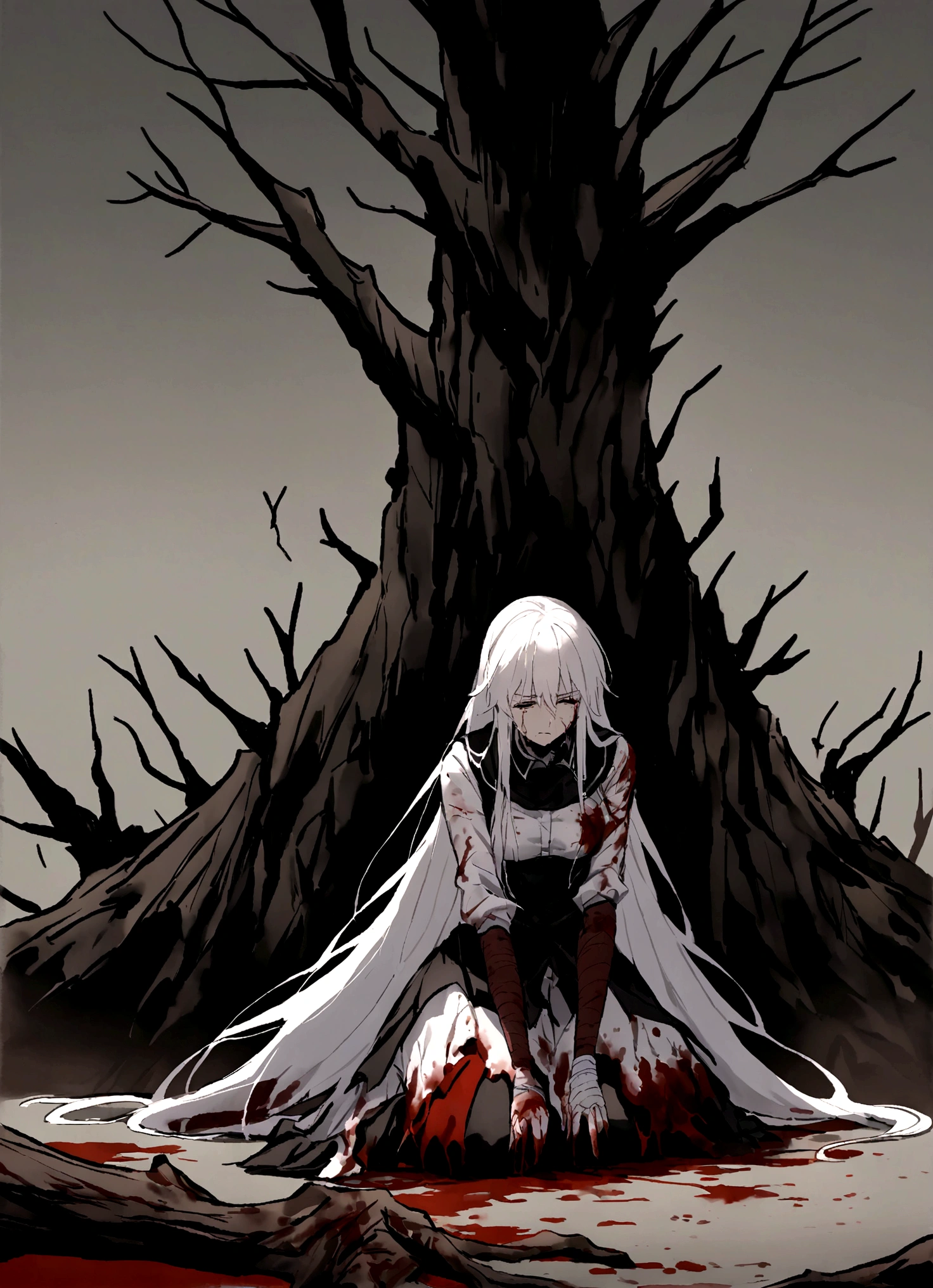 Dark atmosphere,(Background is rotten land,Dead Tree),Kneeling on the ground,cry,Tears,Long hair,(Damaged clothing),(Blood,Wound),White feathers,Blood,struggle